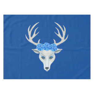 White Mythical Deer Wearing Blue Roses Big Antlers Tablecloth