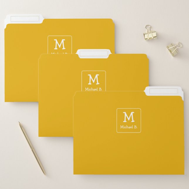 White Name and Monogram on Honey Mustard Yellow  File Folder (Set)