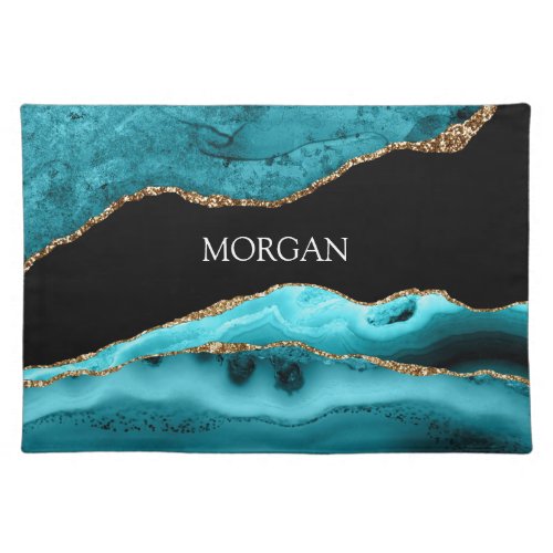 White Name Black Gold  Teal Agate Placemat