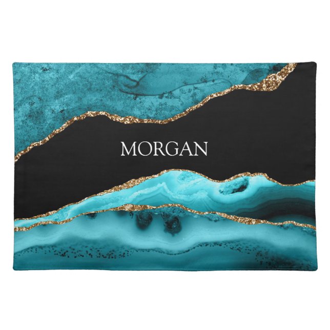 White Name, Black, Gold & Teal Agate Placemat (Front)