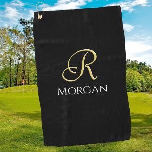 White Name & Large Gold Initial on Black Golf Towel