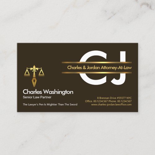White Name Monogram Gold Placard Lawyer Business Card