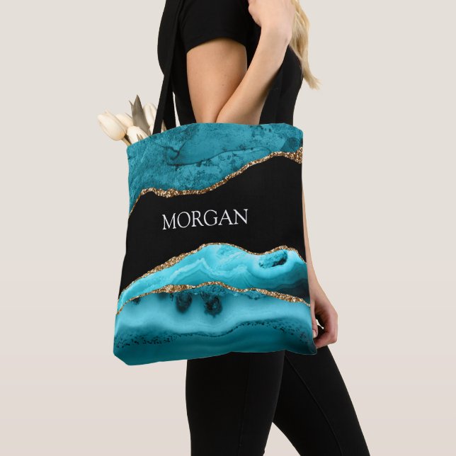 White Name on Black, Gold & Teal Agate Tote Bag (Close Up)