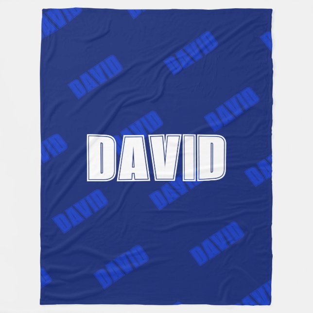 White Name & Repeating Blue Name on Dark Navy Blue Fleece Blanket (Front)