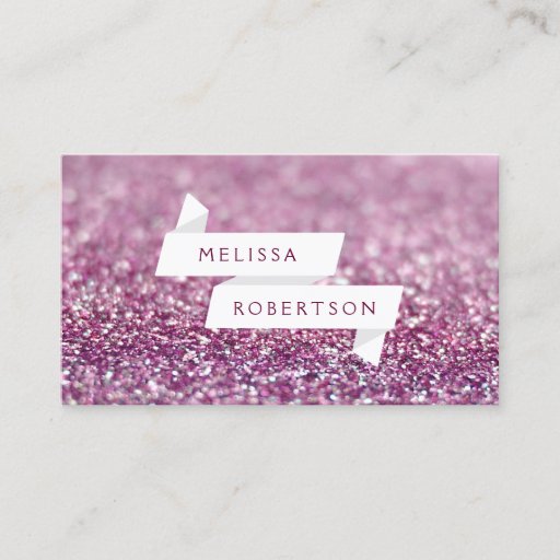 Customizable White Name Ribbon in Pink Glitter Business Card