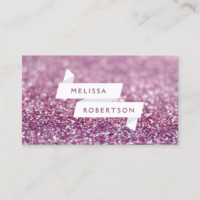 White Name Ribbon in Pink Glitter Business Card (Front)