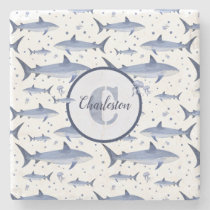 White| Name + Watercolor Monogram Shark Jellyfish Stone Coaster