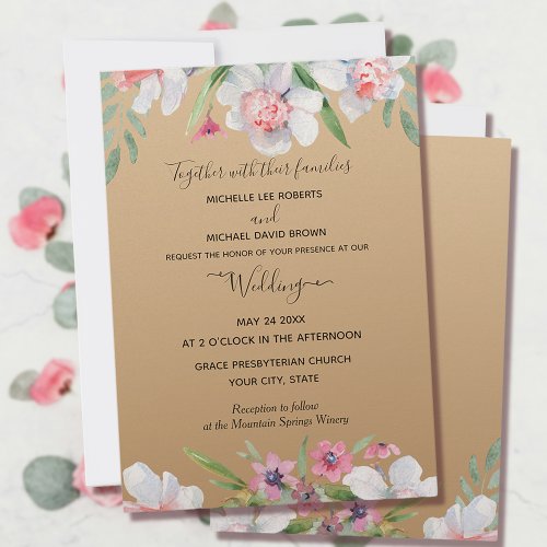 White Narcissus on Champagne Floral Wedding Invitation