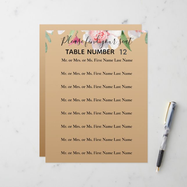 White Narcissus on Champagne Wedding Seating Sign (Front/Back In Situ)