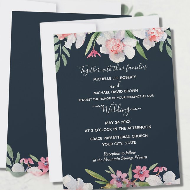 White Narcissus on Navy Floral Wedding Invitation (Creator Uploaded)