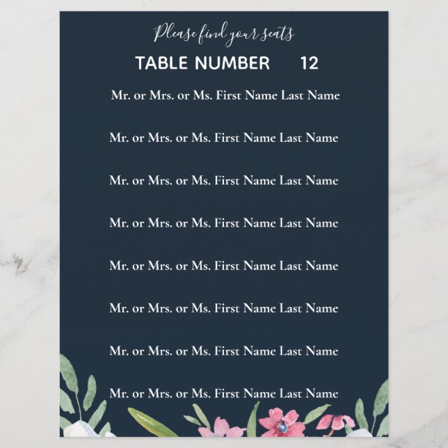 White Narcissus on Navy Wedding Seating Flyer (Front)