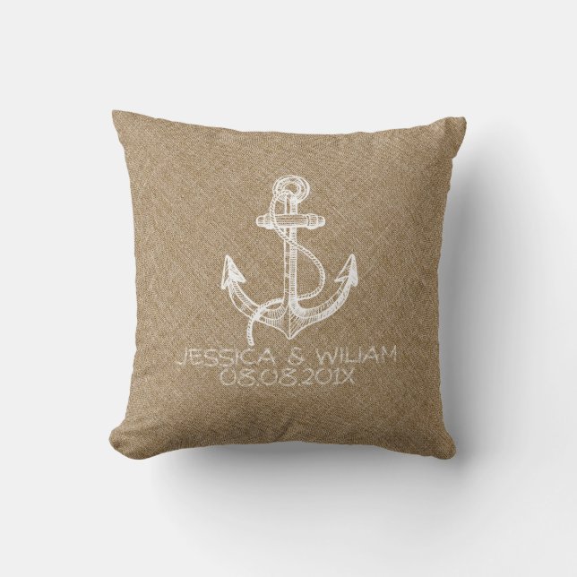 White Nautical Anchor Beige Linen Print Throw Pillow (Front)