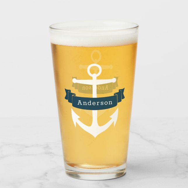 White Nautical Anchor & Navy Ribbon Family Name Glass (Front Filled)