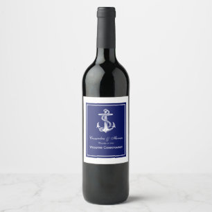 White Nautical Anchor on Navy Blue Frame Wine Label