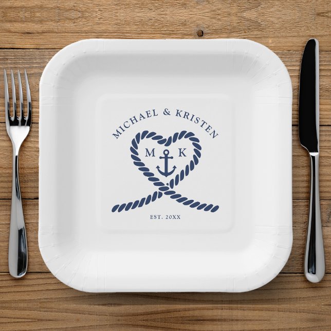 White & Nautical Blue Rope Heart Anchor Wedding  Paper Plates (White & Nautical Blue Rope Heart Anchor Wedding Paper Plates)