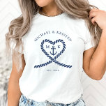 White & Nautical Blue Rope Heart Anchor Wedding  T-Shirt<br><div class="desc">Nautical blue and white wedding honeymoon shirts for a husband and wife.  Great for a Navy (military) or lake house wedding.  Design features a heart shaped rope with anchor and couple initials in the middle.  Personalize it with your wedding details.</div>