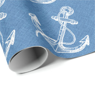 White Nautical Boat Anchor Blue Linen Wrapping Paper