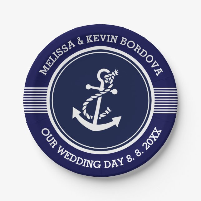 White Nautical Boat Anchor Wedding Text template Paper Plates (Front)