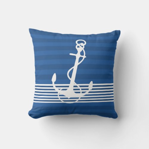 White Nautical Boat Anchor  White Stripes Throw Pillow