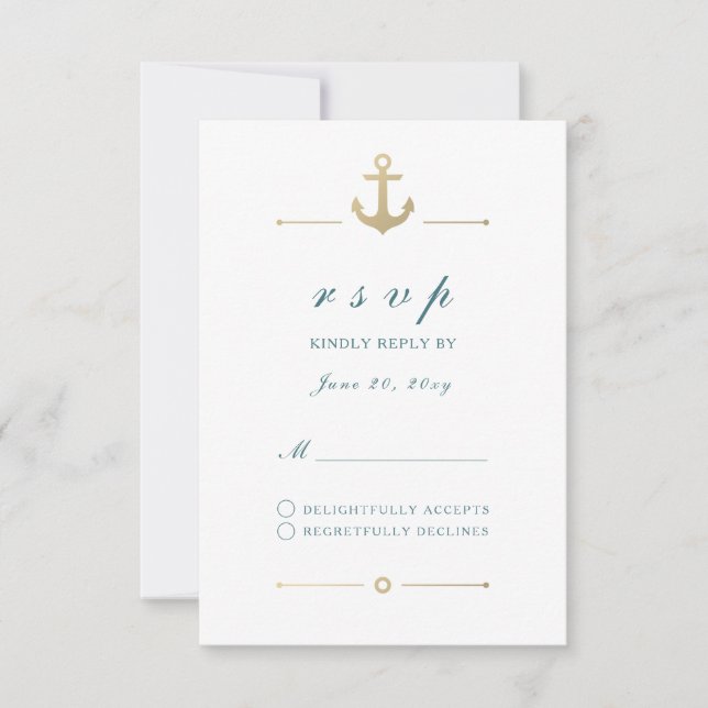 White Nautical Gold Anchor Response RSVP Card (Front)