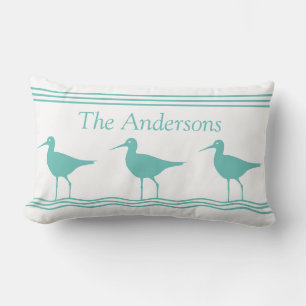 White Nautical Pillow Teal Blue Sandpipers