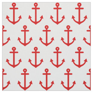 White Nautical Red Anchors Pattern Fabric