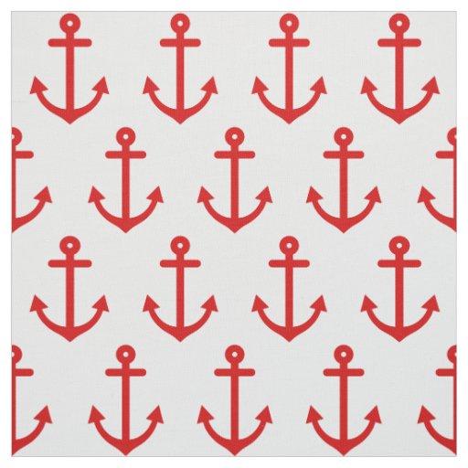 White Nautical Red Anchors Pattern Fabric