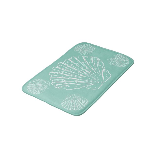 White Nautical Seashell On Seafoam Green Bathroom Mat (Angled)