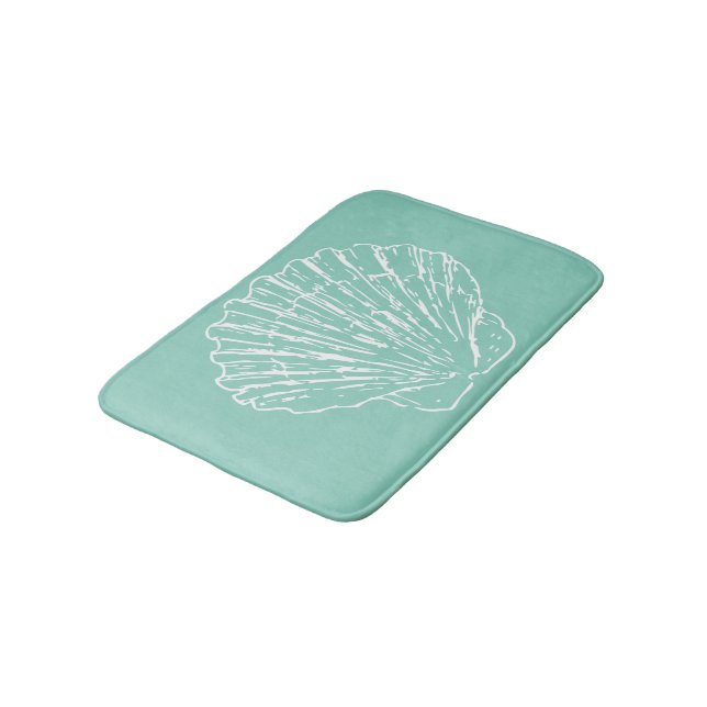 White Nautical Seashell On Seafoam Green Bathroom Mat (Angled)
