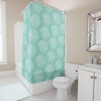 White Nautical Seashell On Seafoam Green Shower Cu Curtain