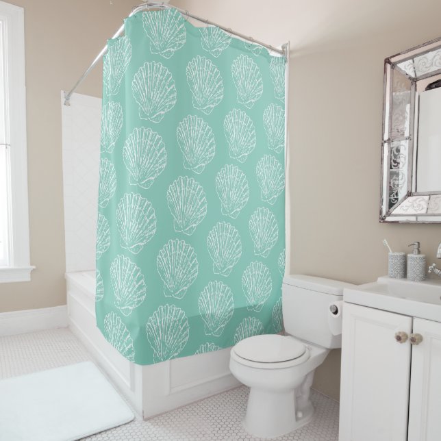 White Nautical Seashell On Seafoam Green Shower Cu Shower Curtain (In Situ)