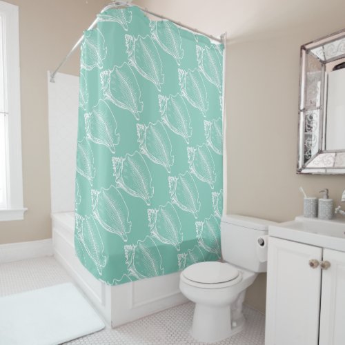 White Nautical Seashell On Seafoam Green Shower Curtain