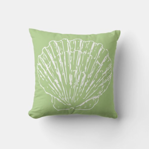 White Nautical Seashells Pattern On Sage Green Throw Pillow