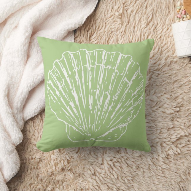 White Nautical Seashells Pattern On Sage Green Throw Pillow (Blanket)