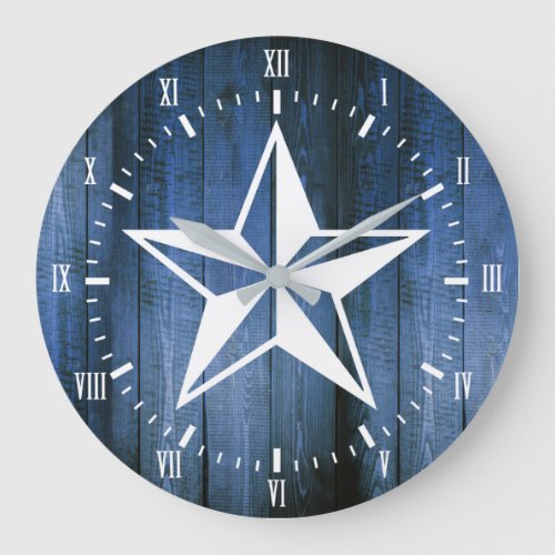 White Nautical Star Blue Wooden Planks Large Clock