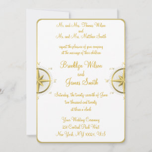 White Nautical Wedding Invitations Gold Compass