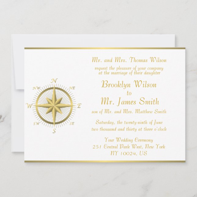 White Nautical Wedding Invitations Gold Compass (Front)