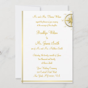 White Nautical Wedding Invitations Gold Compass