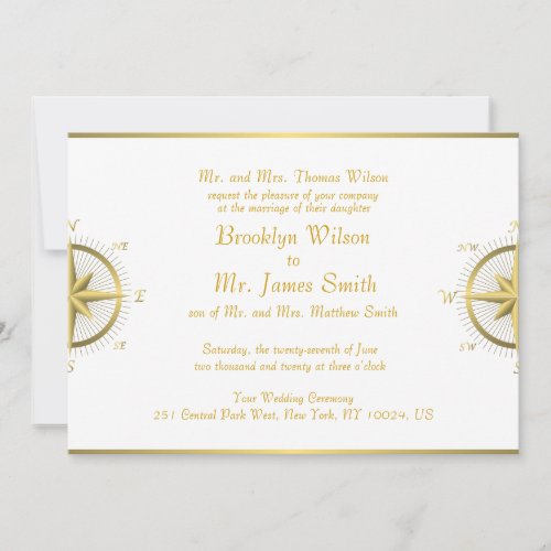 White Nautical Wedding Invitations Gold Compass