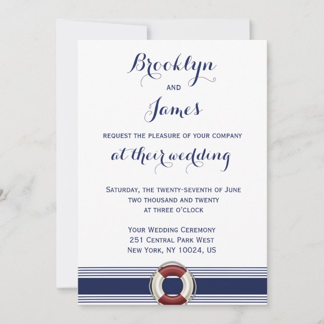 White Nautical Wedding Invitations With Lifesaver (Front)