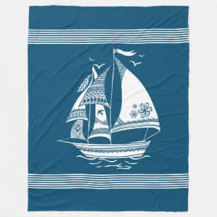 White nautical wind-sailing tribal boat illustrat fleece blanket