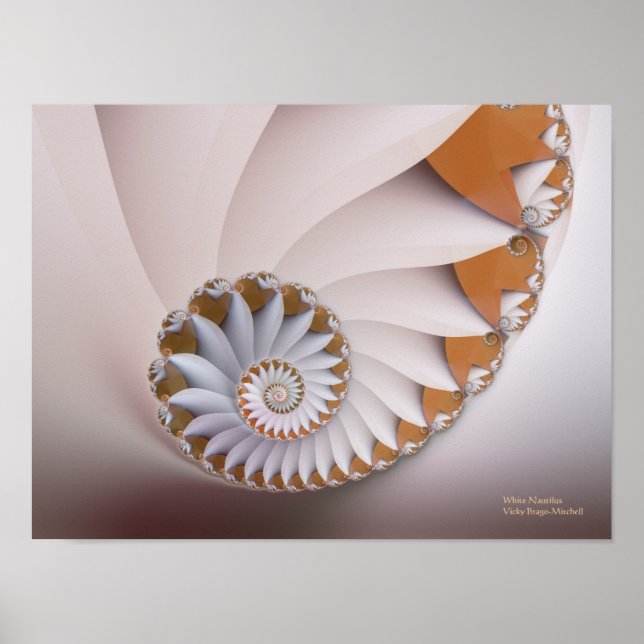 White Nautilus Abstract Seashell Fine Fractal Poster (Front)