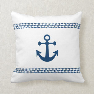 White & Navy Anchor Throw Pillow