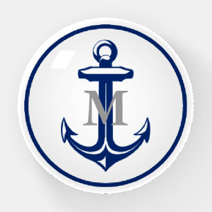 White Navy Blue Anchor Monogrammed Paperweight