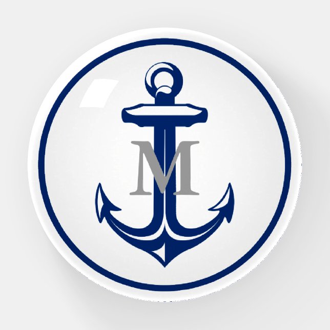 White Navy Blue Anchor | Monogrammed Paperweight (Front)