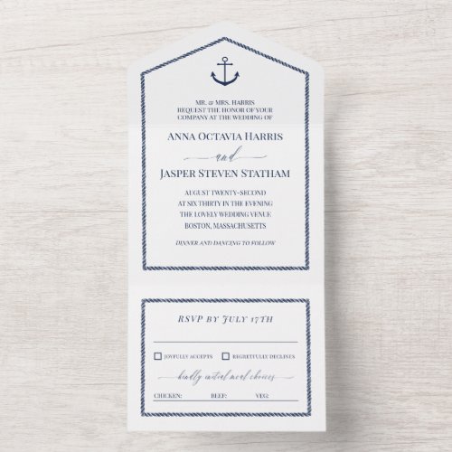 White Navy Blue Anchor Nautical Wedding  All In One Invitation