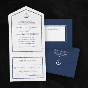 White Navy Blue Anchor Nautical Wedding  All In One Invitation