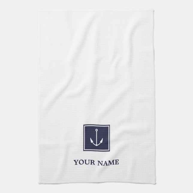 White Navy Blue Anchor Personalized Kitchen Towels (Vertical)
