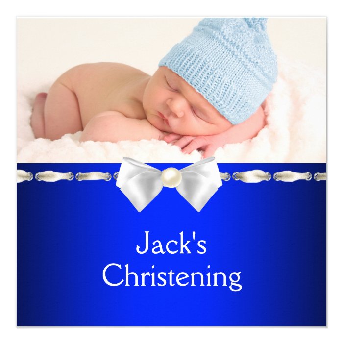 White Navy Blue Baby Boy Photo Christening Personalized Invitations