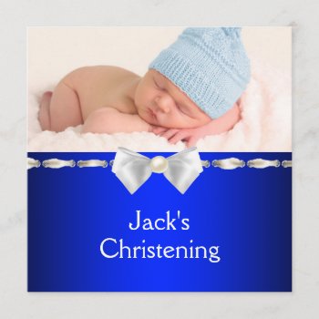 White Navy Blue Baby Boy Photo Christening Invitation by BabyCentral at Zazzle